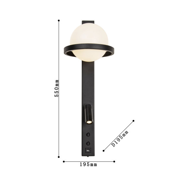 4068-2W, настенный светильник, D195xW195xH550, 1xLEDx3W + 1xLEDx5W, 640LM, 4000K, included, switch, USB, изображение 3