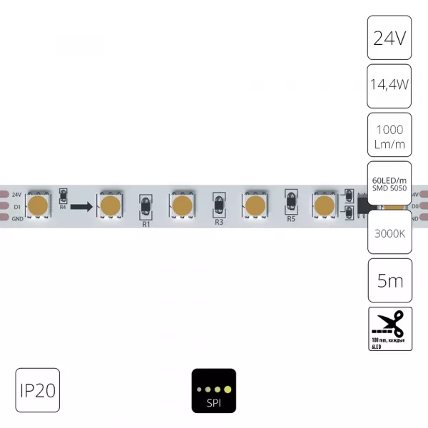 Светодиодная лента 24V 14,4W/m 3000К 5м IP20 Arte Lamp SPI A2406010-03-3K